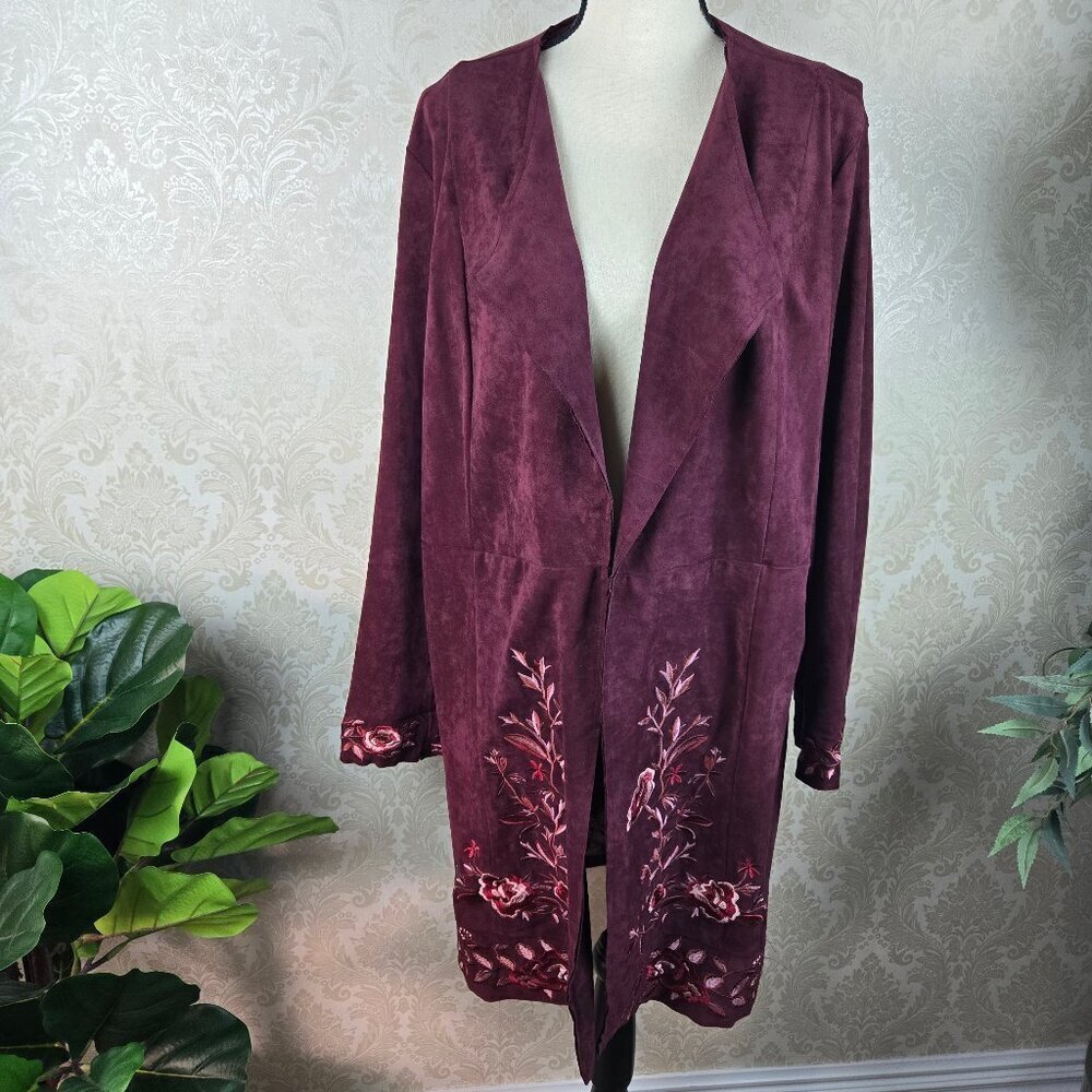 Curations Size 1X Burgundy Floral Embroidered Long Open Front Blazer Faux Suede